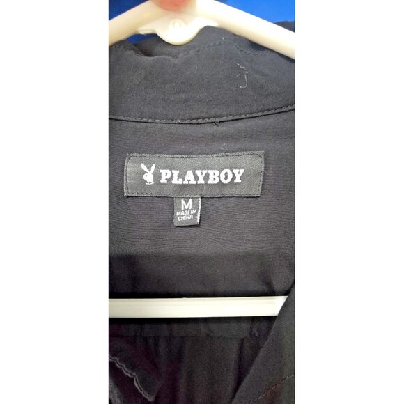 VTG Playboy Club Shirt M | Black Rayon Button-Down Bunny Logo 70s Style - Picture 4 of 6